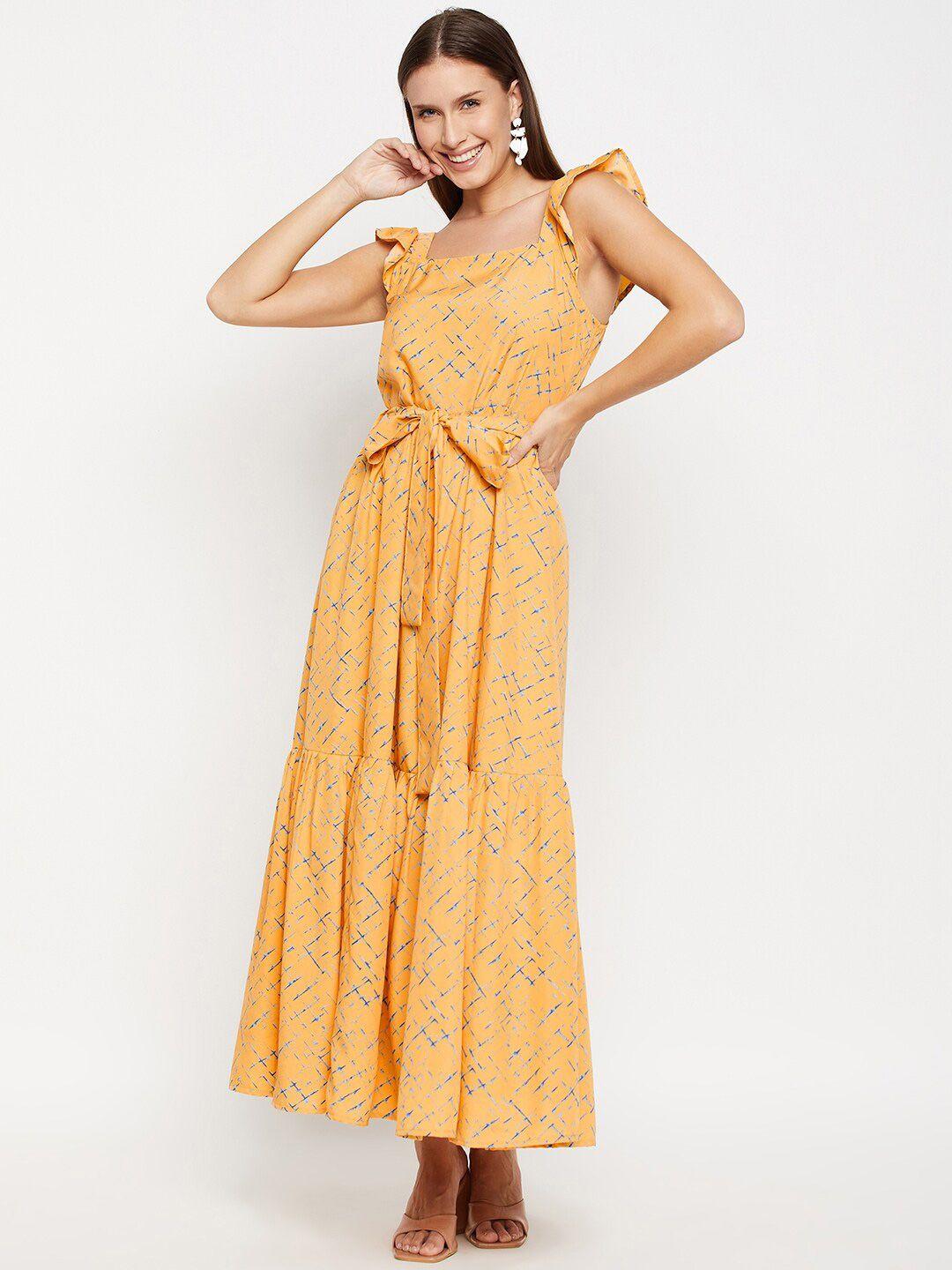 fashfun geometric printed square neck flutter sleeves gathered detail maxi dress with belt