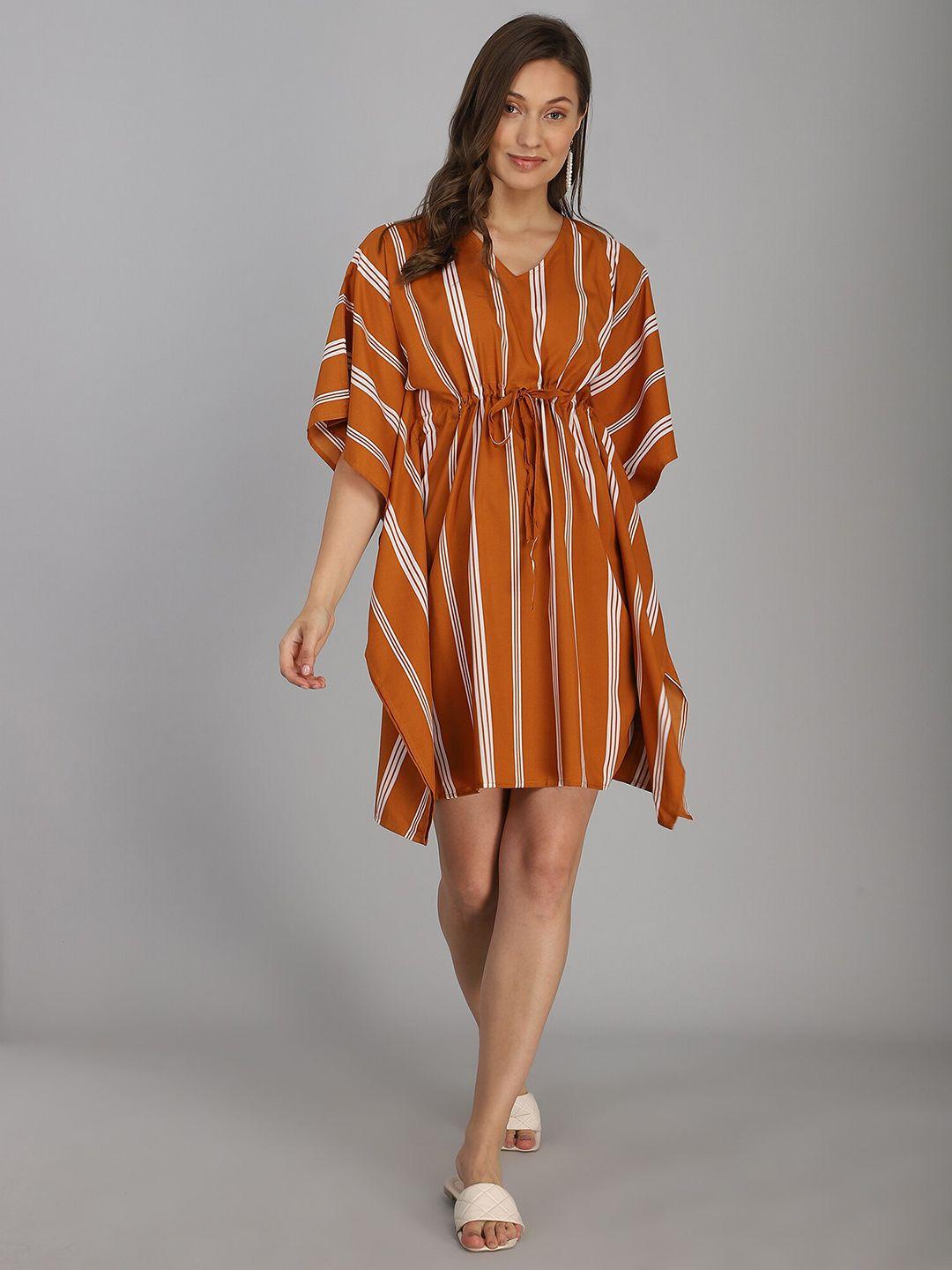 fashfun orange & white striped crepe kaftan dress