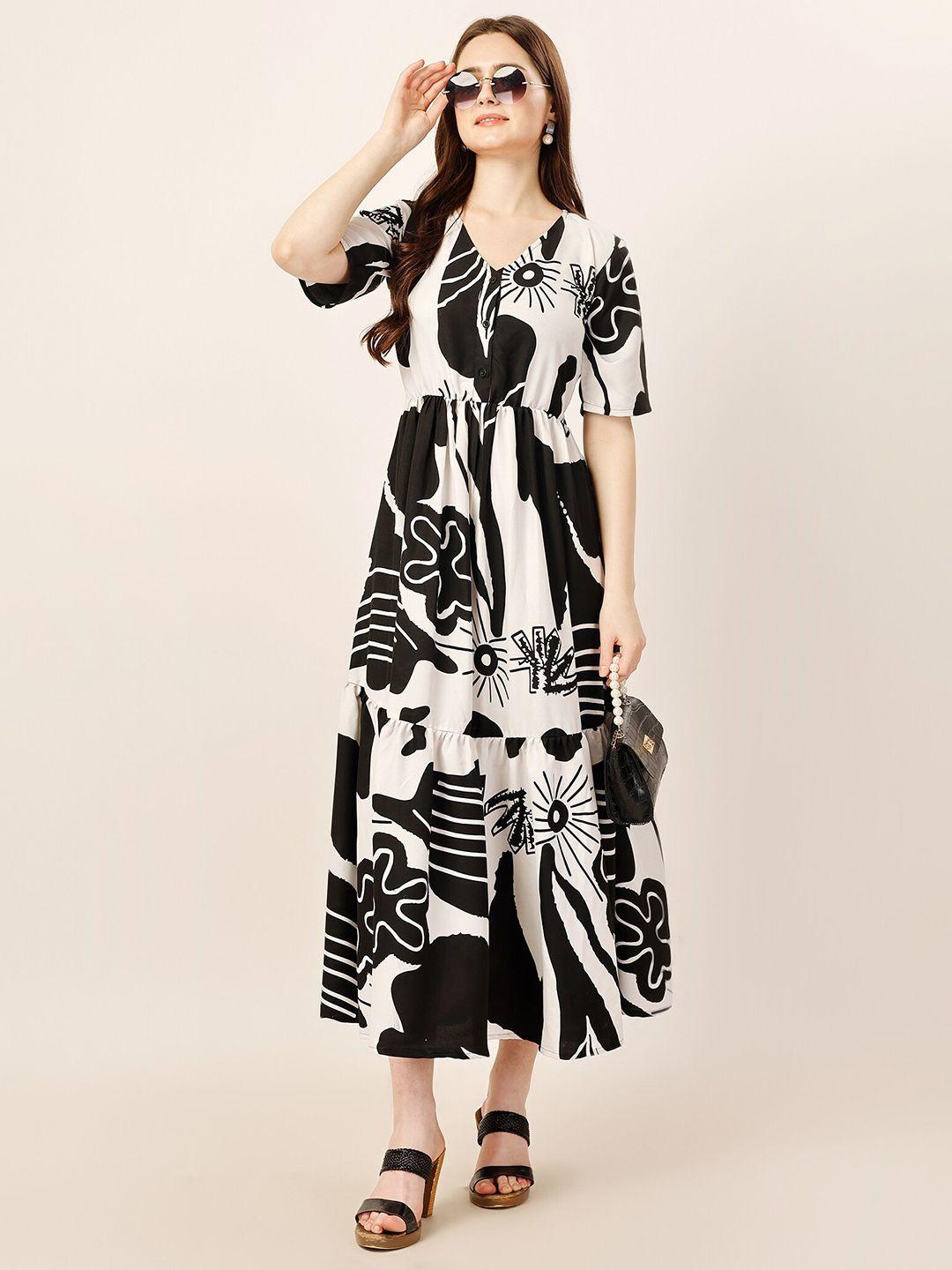 fashfun v-neck short flared sleeves abstract print fit & flare maxi dress