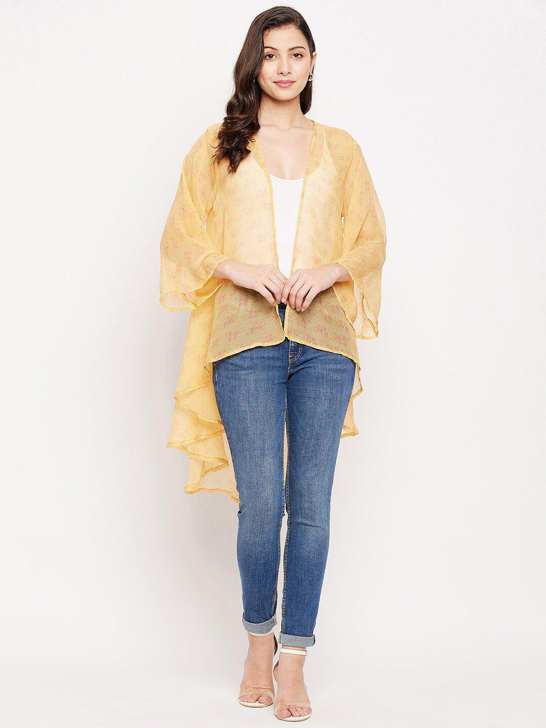 fashfun women yellow printed longline shrug