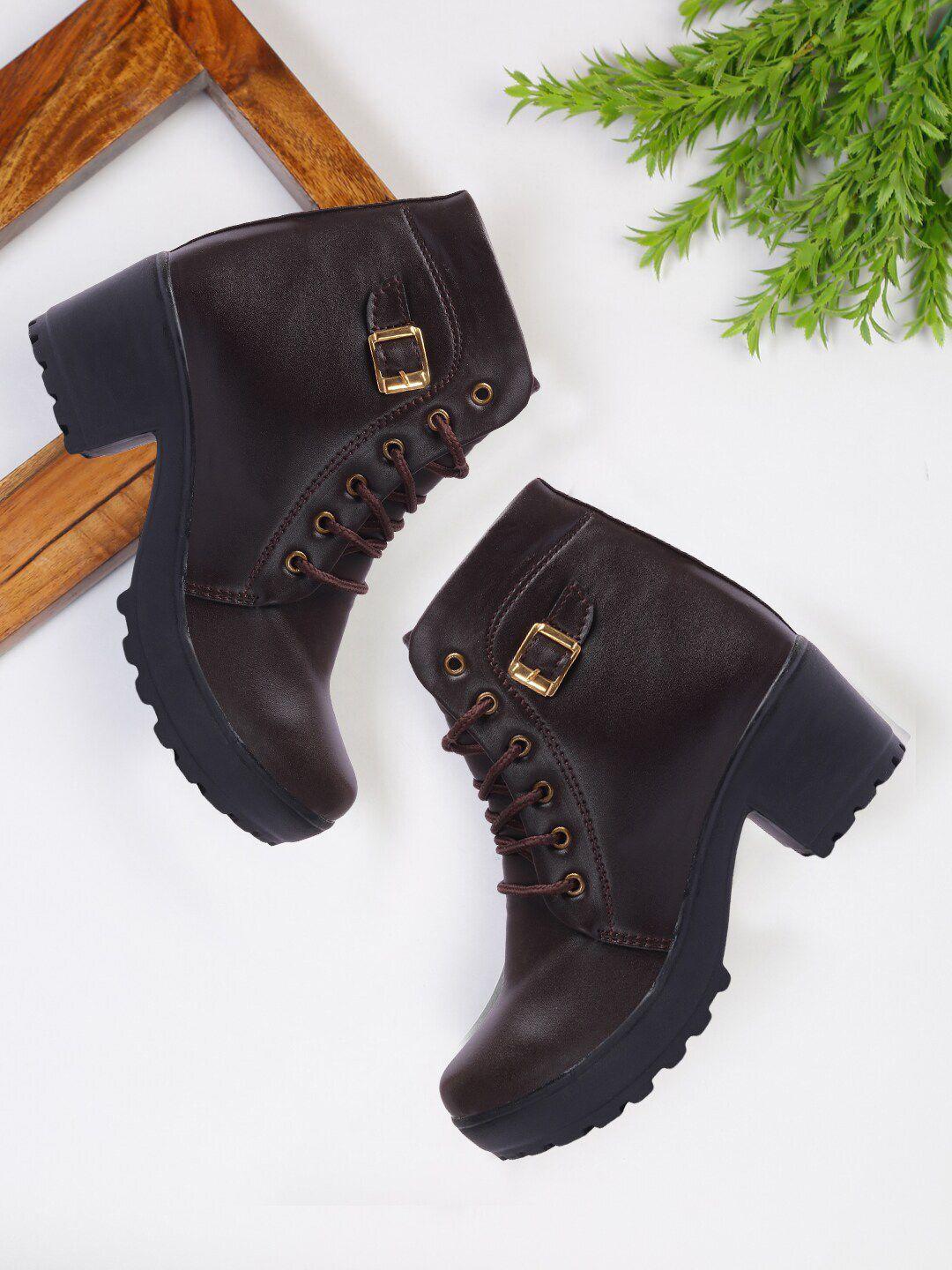 fashimo women brown high ankle block boots with buckle detailing