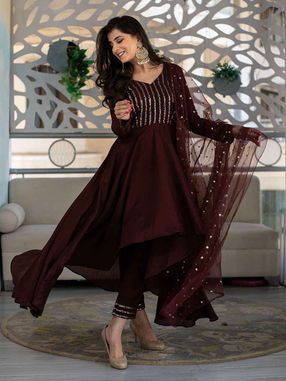 fashion basket women brown & gold-toned embroidered semi-stitched dress material