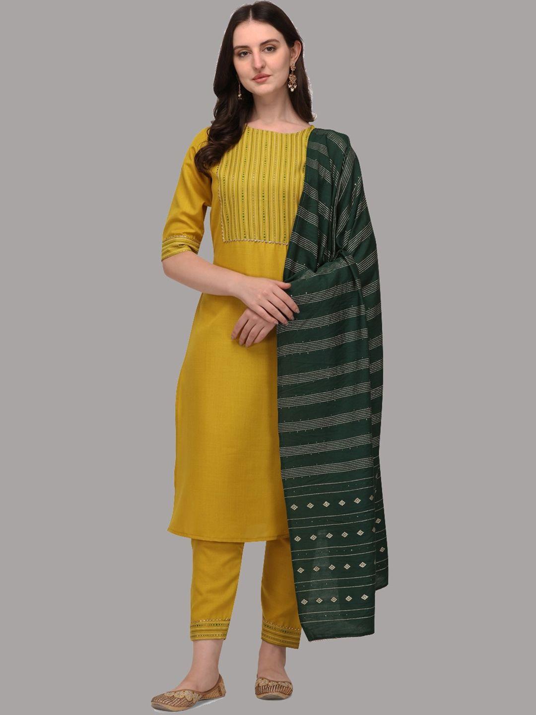 fashion basket women yellow yoke design regular kurta with trousers & with dupatta