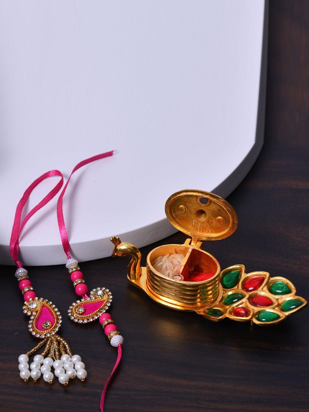 fashion bizz set of 2 stone-studded rakhis comes with roli & chawal