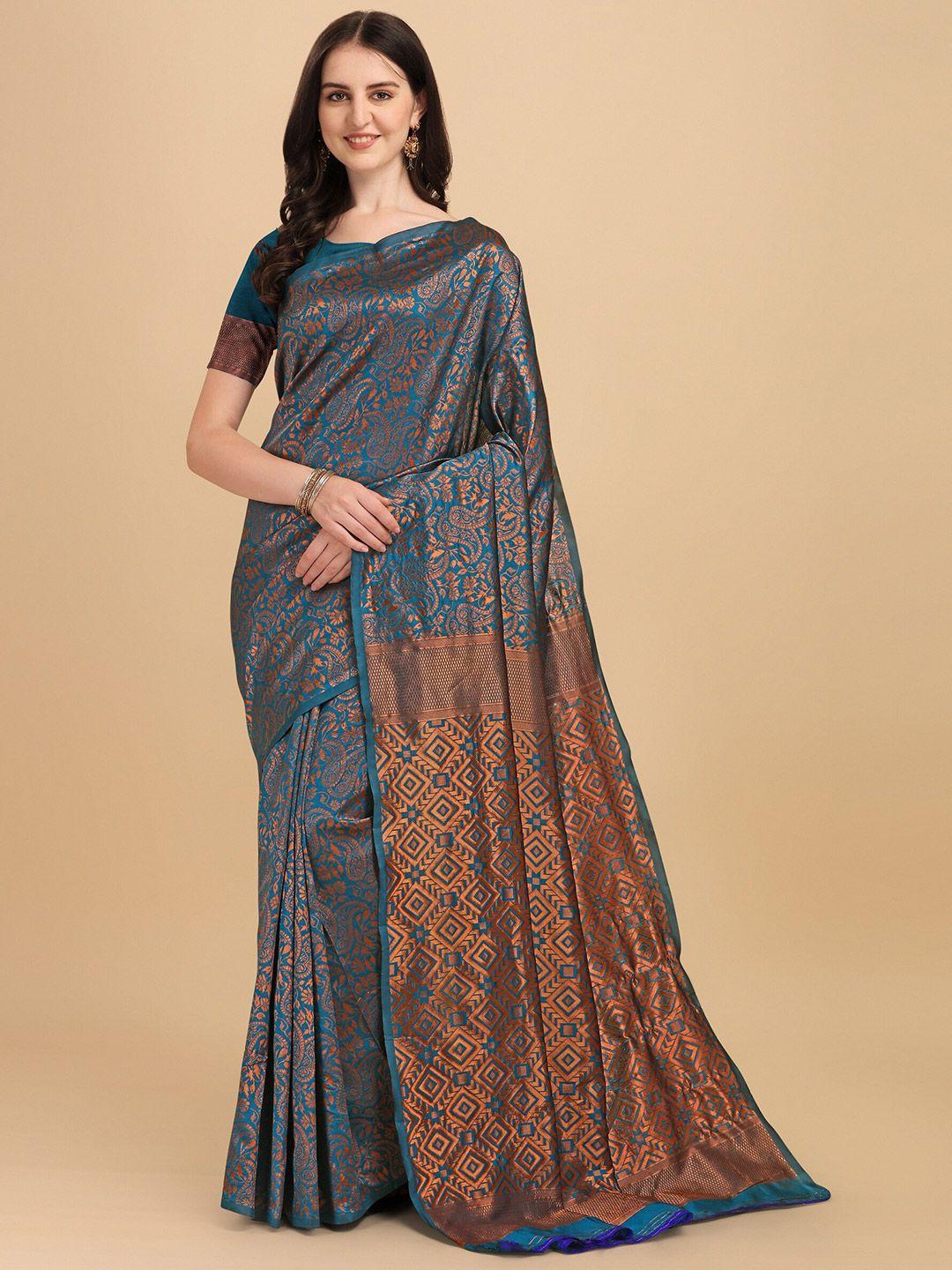 fashion booms copper-toned & blue woven design zari pure silk kanjeevaram saree