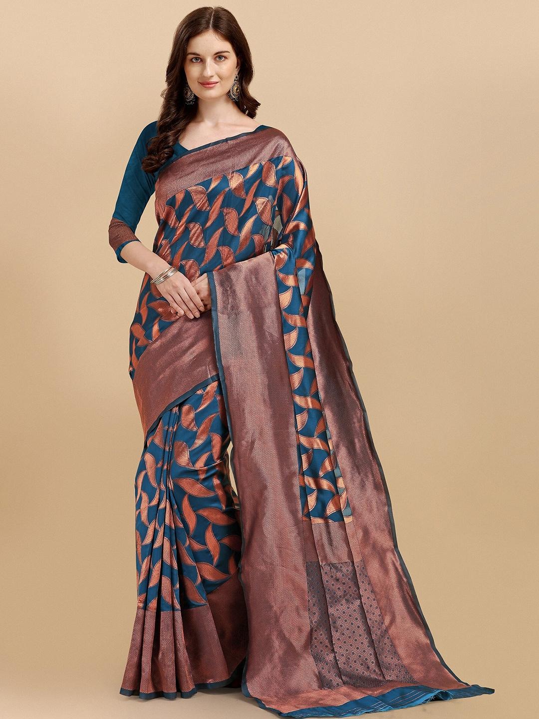 fashion booms copper-toned & teal woven design zari pure silk kanjeevaram saree