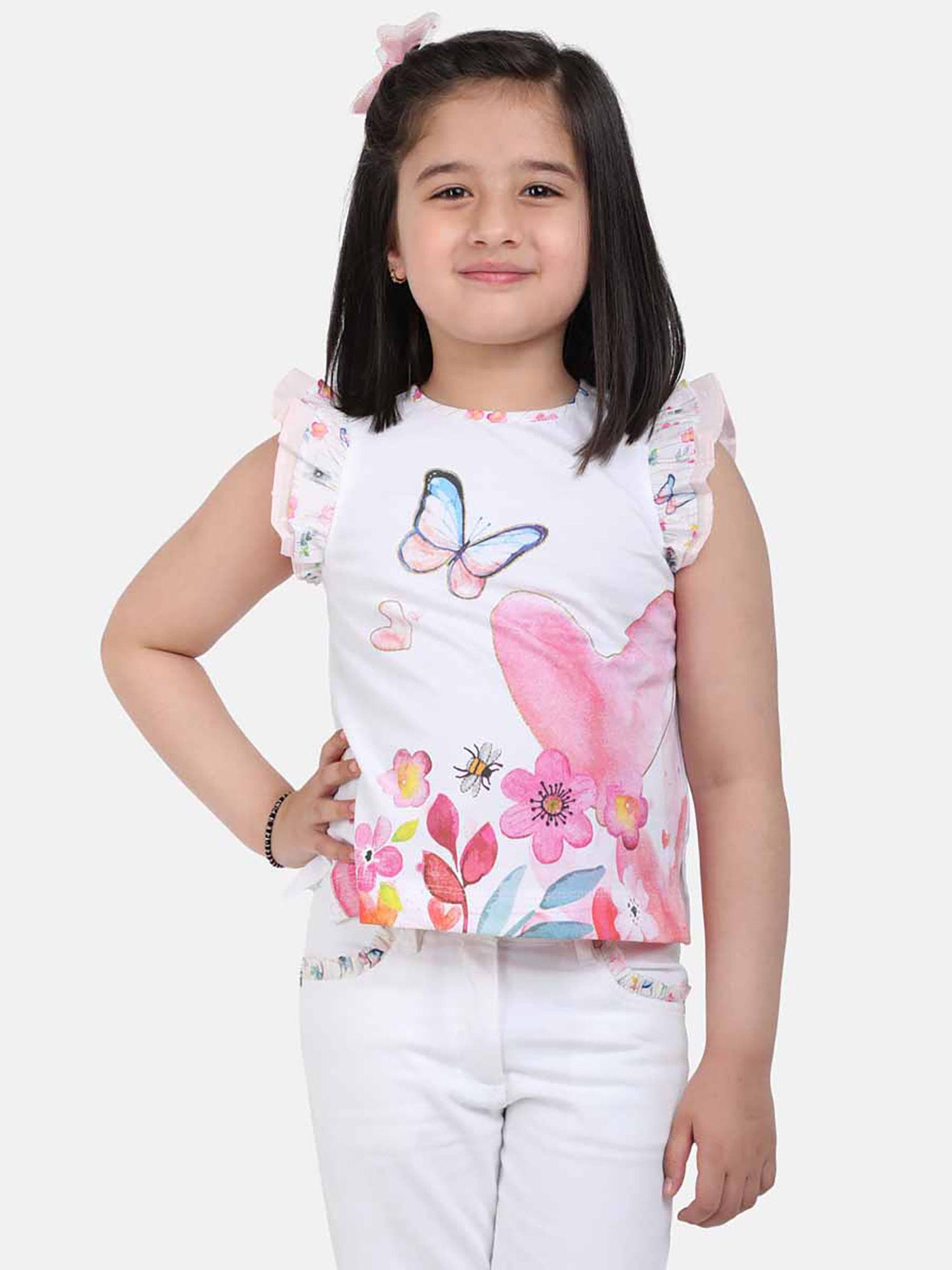 fashion casual girls cotton butterfly print pink top