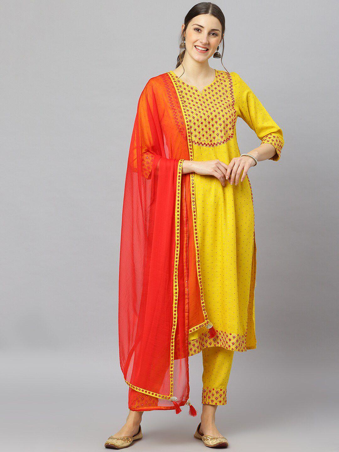 fashion depth women yellow ethnic motifs yoke design empire mirror work kurta with trousers & with dupatta