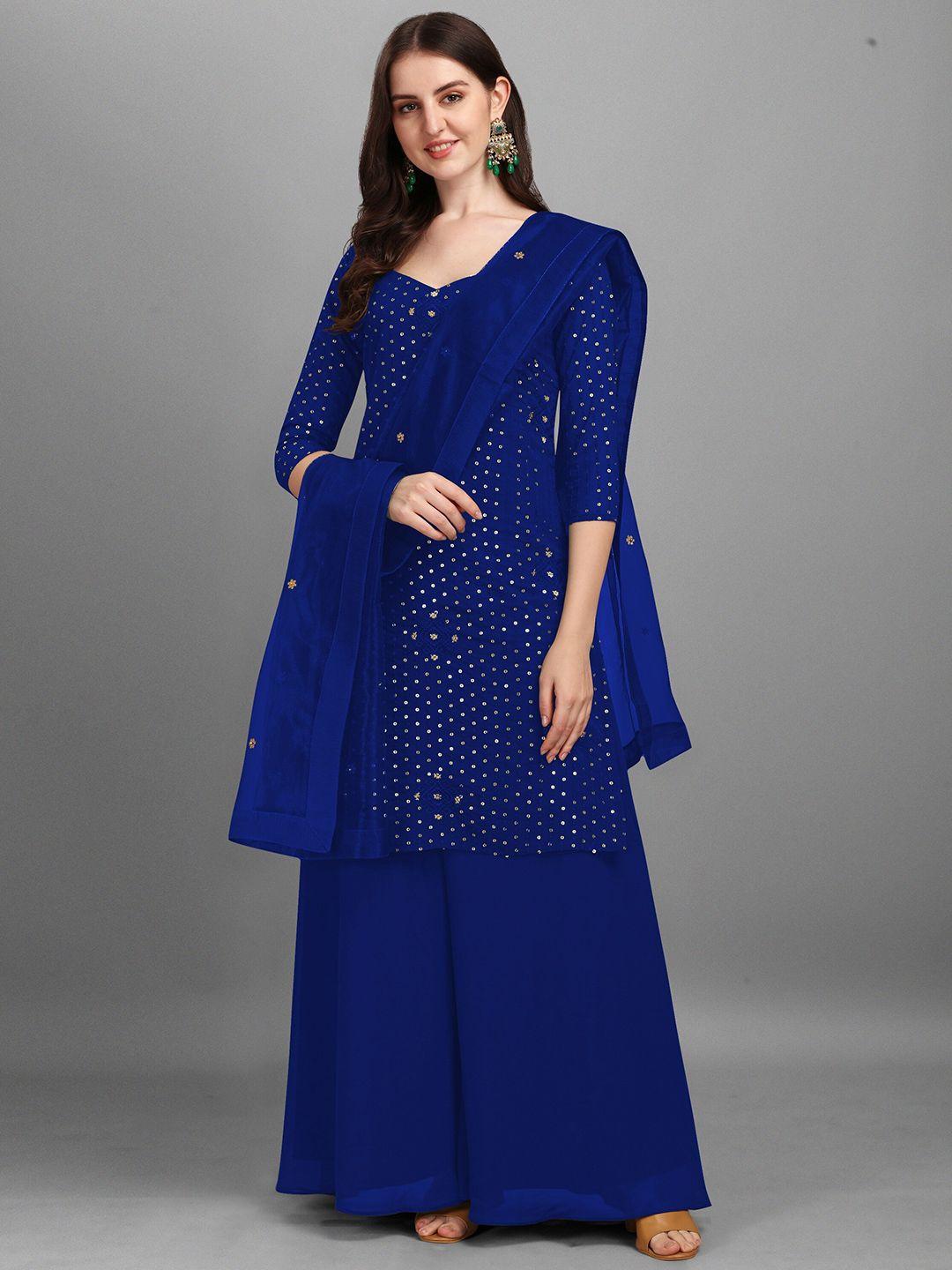 fashion basket blue & gold-toned embroidered semi-stitched dress material