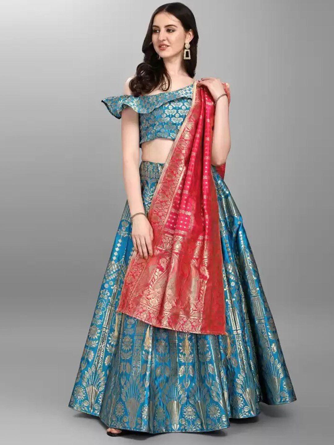 fashion basket blue woven design semi-stitched lehenga & unstitched blouse with dupatta