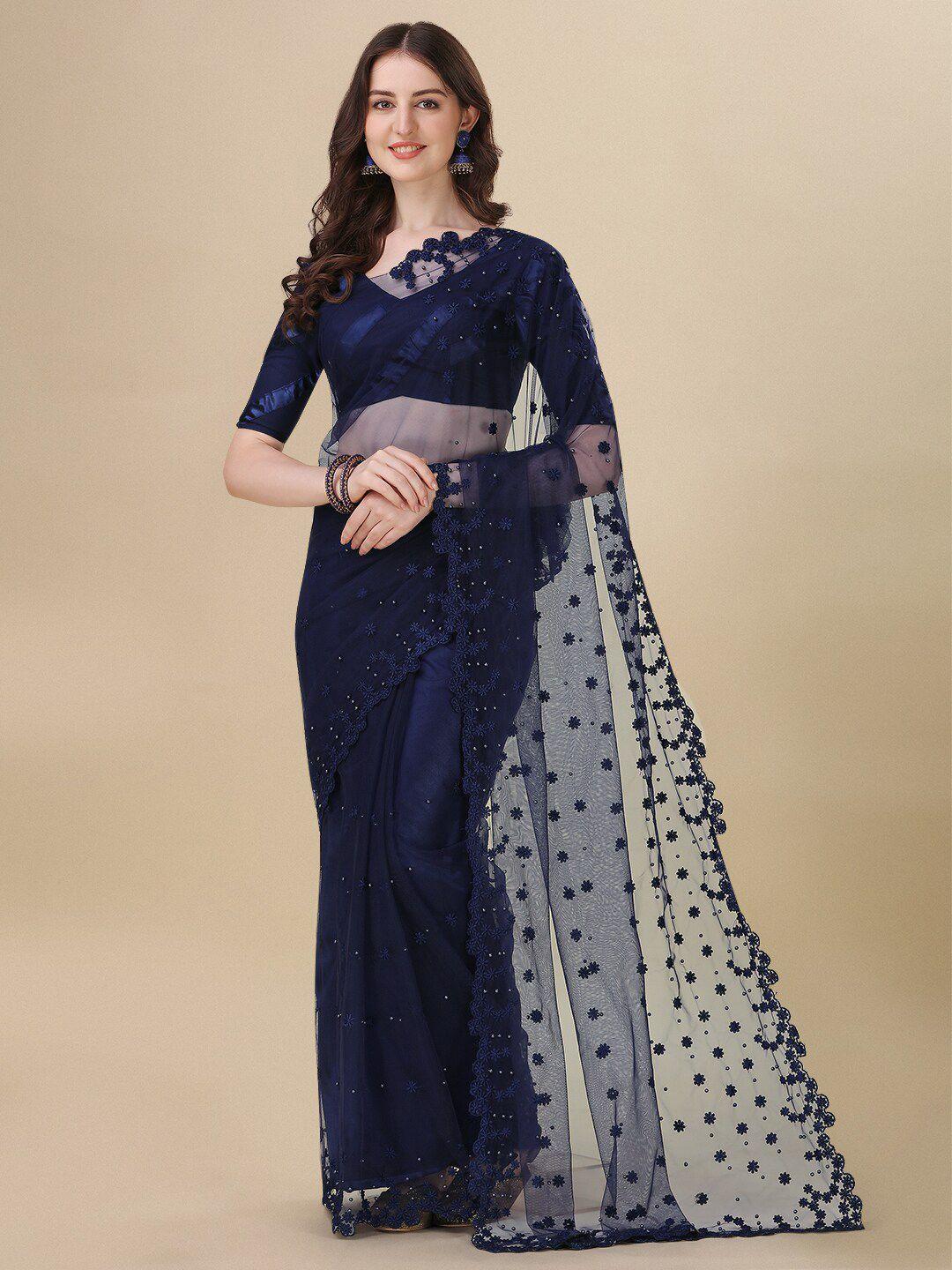 fashion basket ethnic motifs embroidered net saree