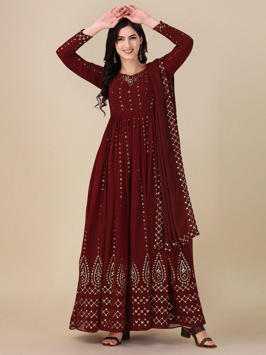 fashion basket maroon & gold-toned embroidered semi-stitched dress material