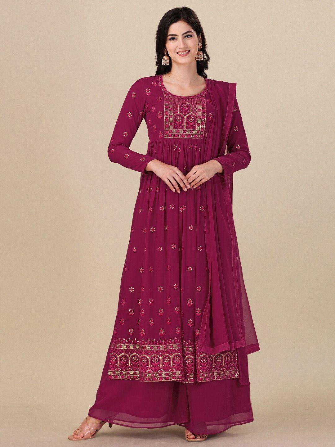 fashion basket pink & gold-toned embroidered semi-stitched dress material