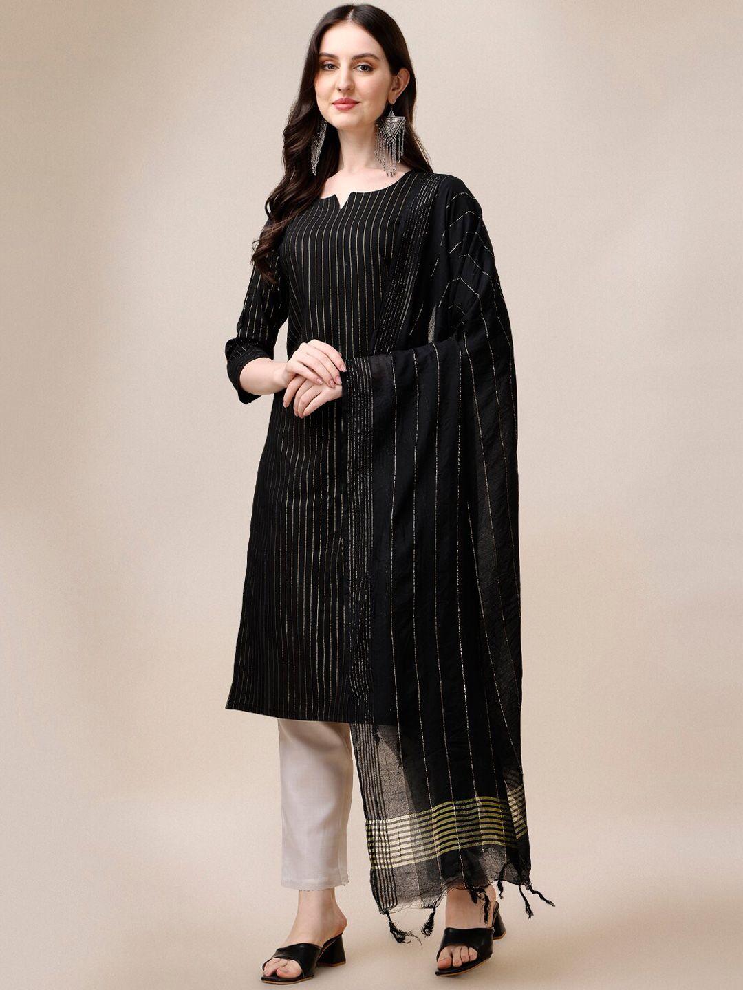 fashion basket striped notched round neck straight kurta with trousers & dupatta