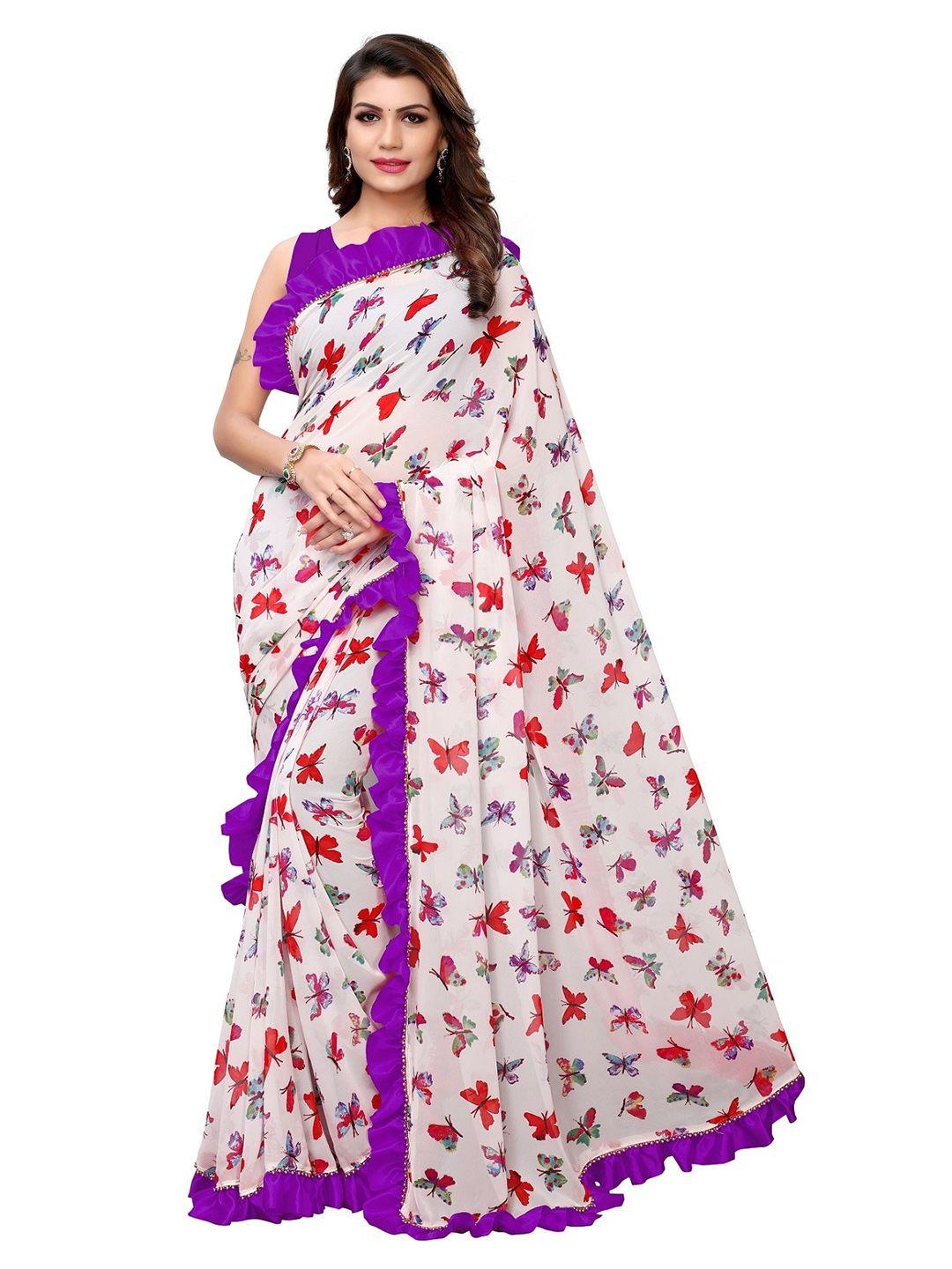 fashion basket white & red printed saree