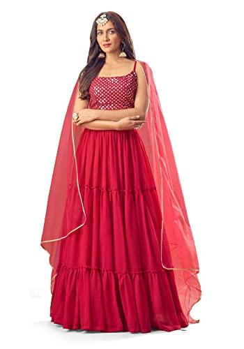 fashion basket women's gerogette semi stitched red lehenga choli