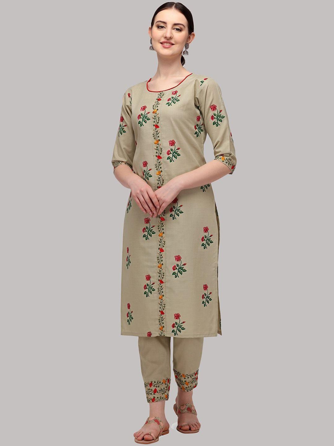 fashion basket women beige ethnic motifs embroidered regular kurta with trousers