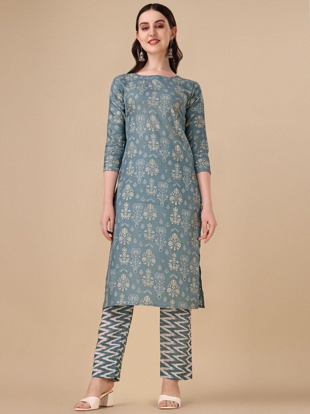 fashion basket women grey ethnic motifs printed regular kurta with trousers