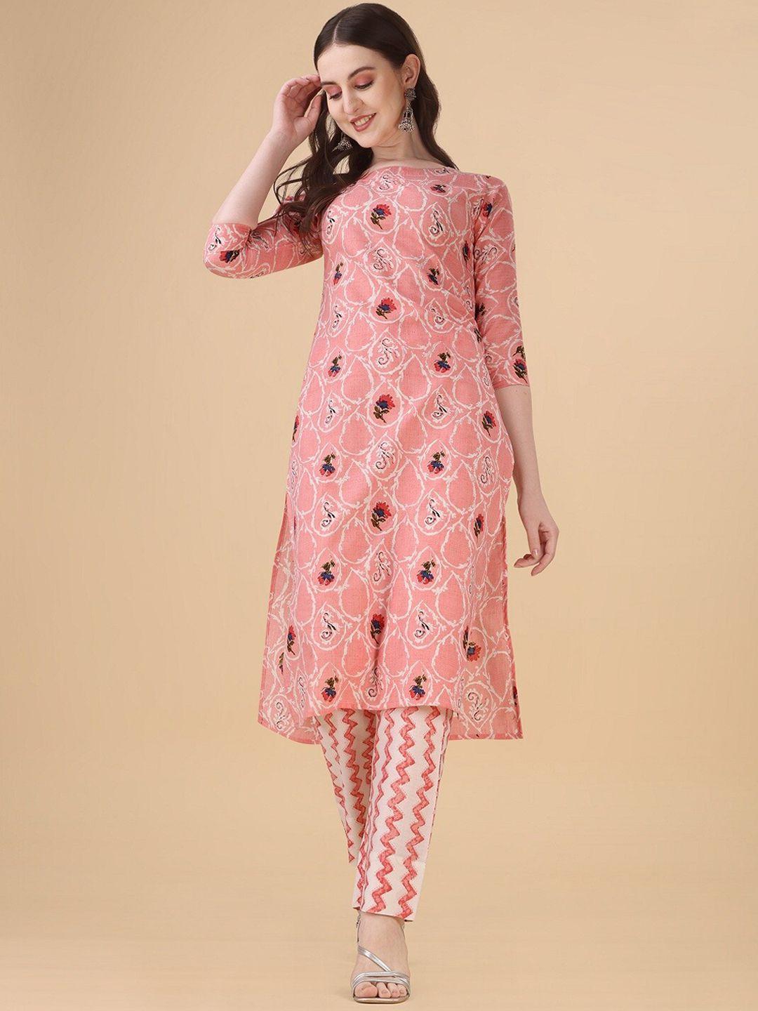 fashion basket women pink ethnic motifs printed regular kurta with trousers