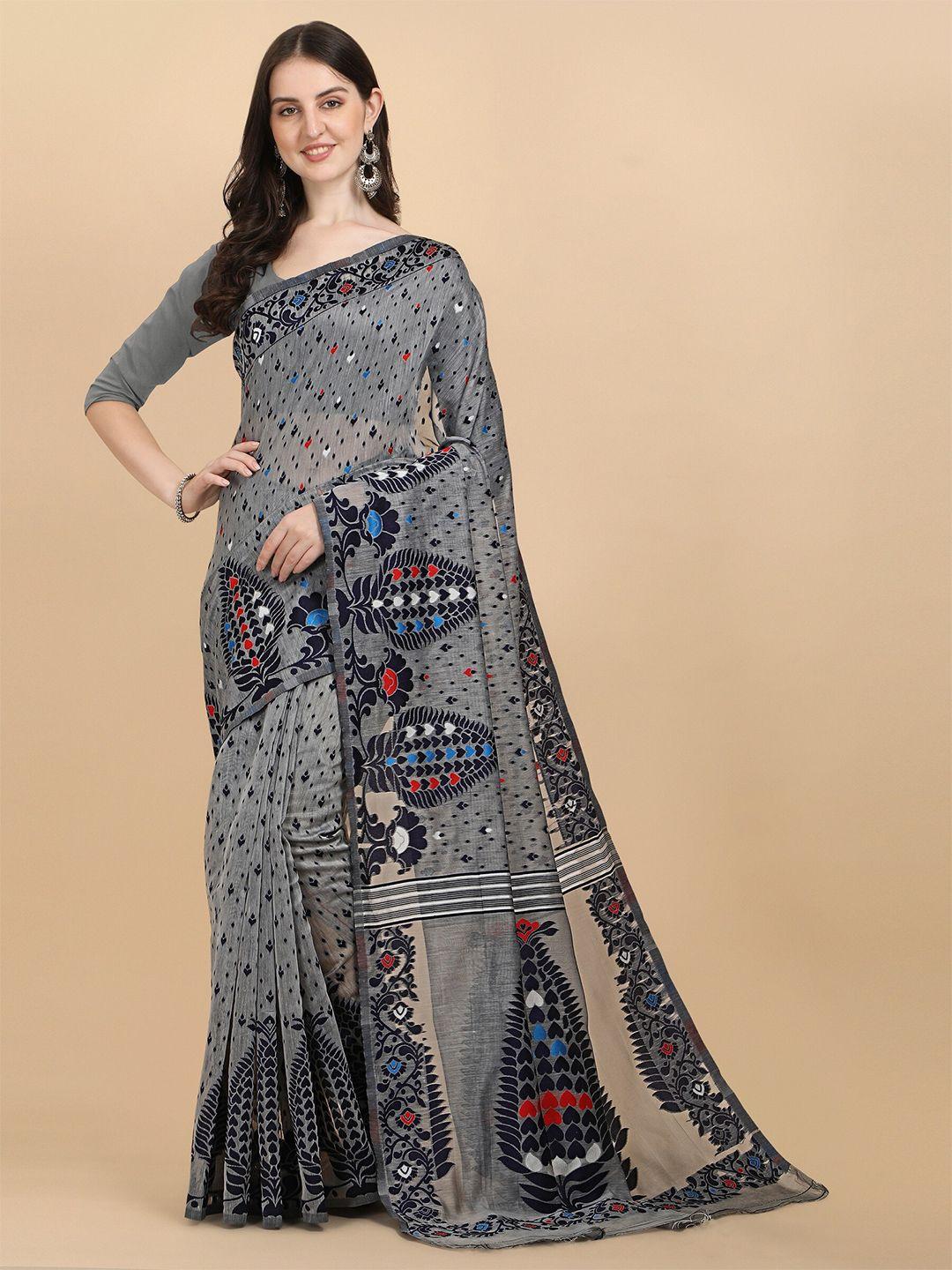 fashion booms grey & black woven design pure cotton jamdani saree