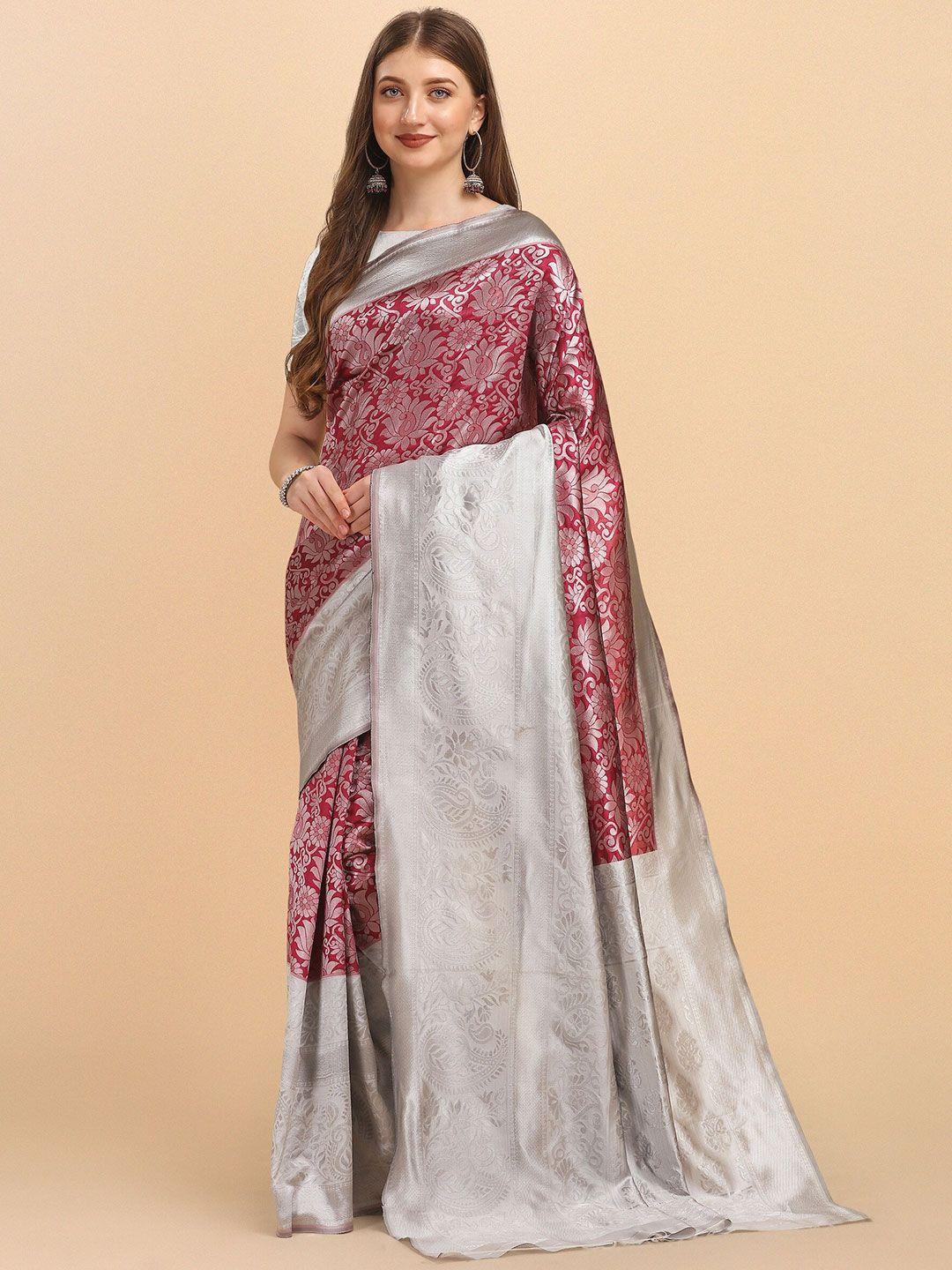 fashion booms red & silver-toned floral zari pure silk kanjeevaram saree