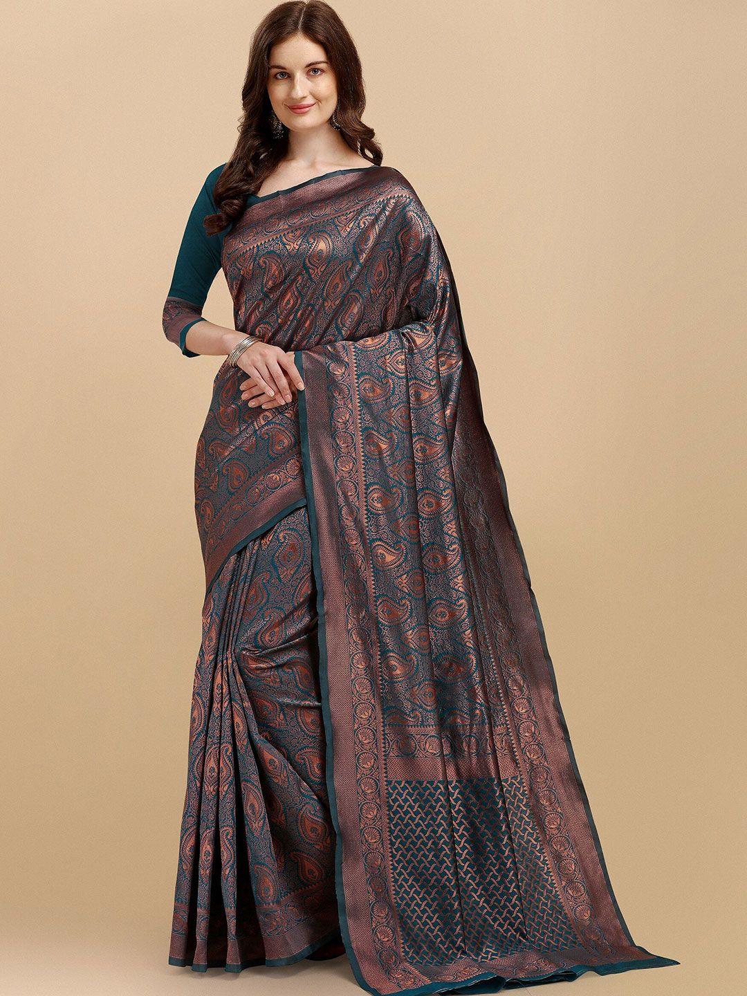 fashion booms teal & copper-toned  zari pure silk kanjeevaram saree
