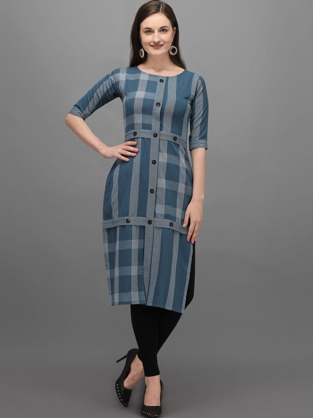 fashion booms women blue checked thread work kurta