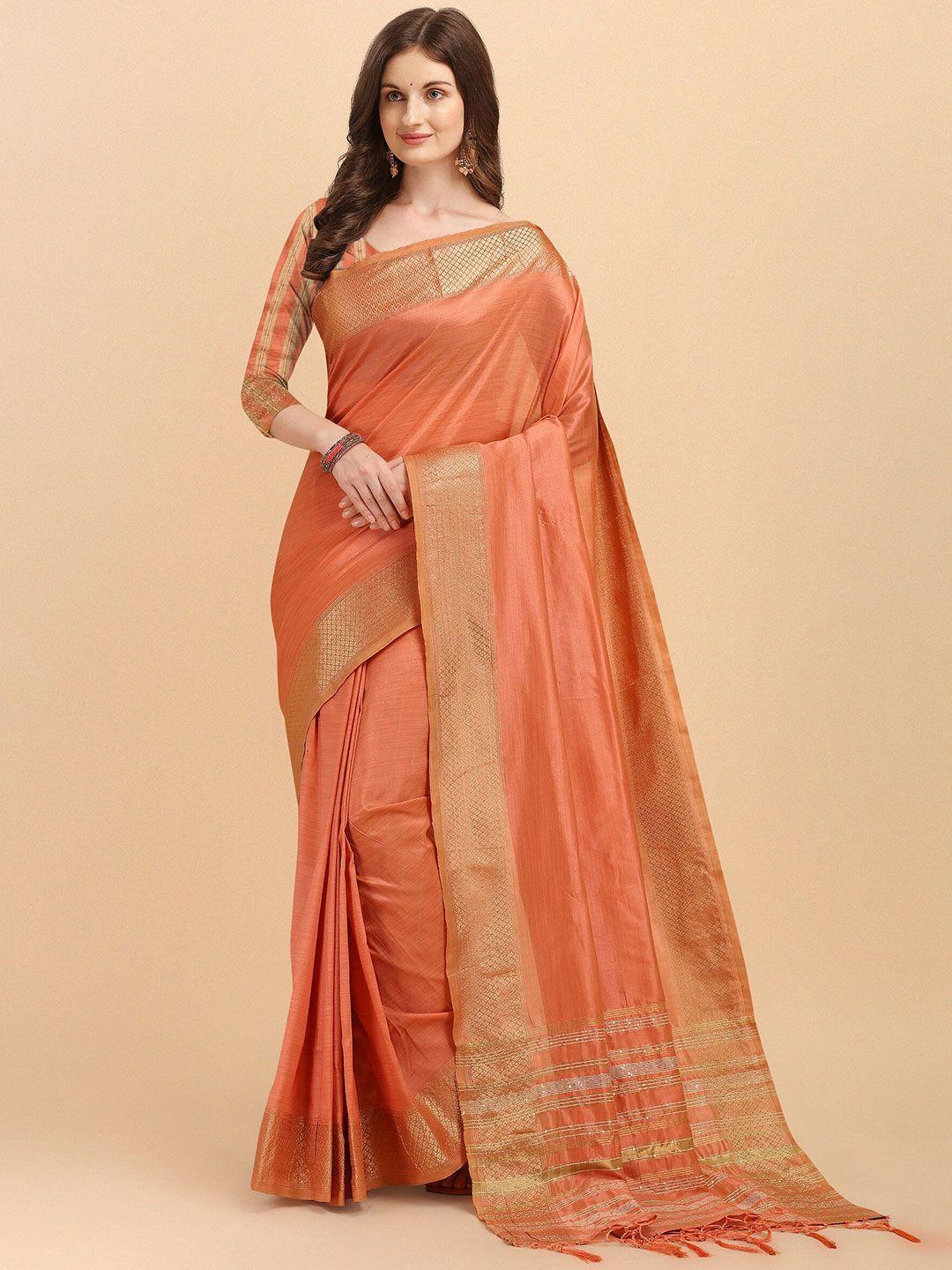 fashion booms women peach-coloured woven design zari pure silk kanjeevaram saree