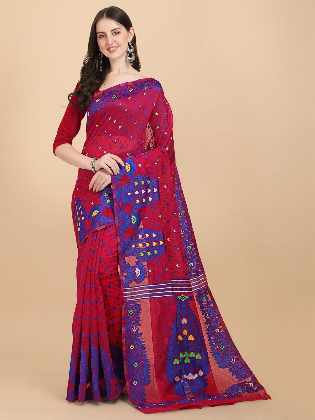 fashion booms women red & blue woven design pure cotton jamdani saree