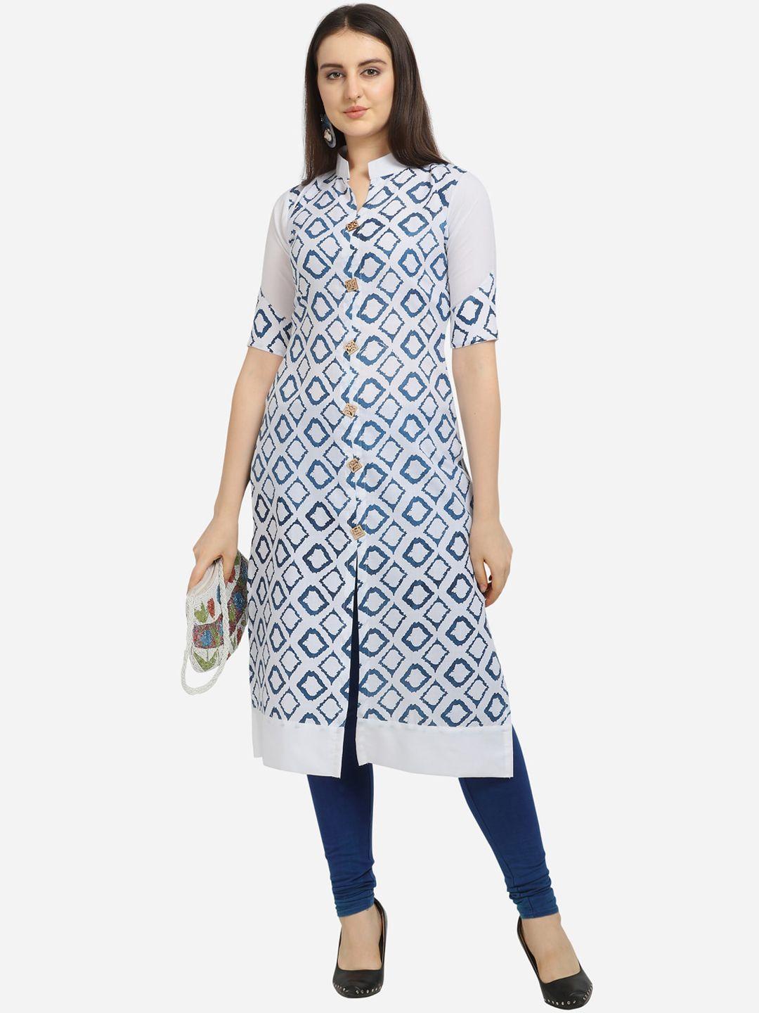fashion booms women white geometric printed thread work kurta