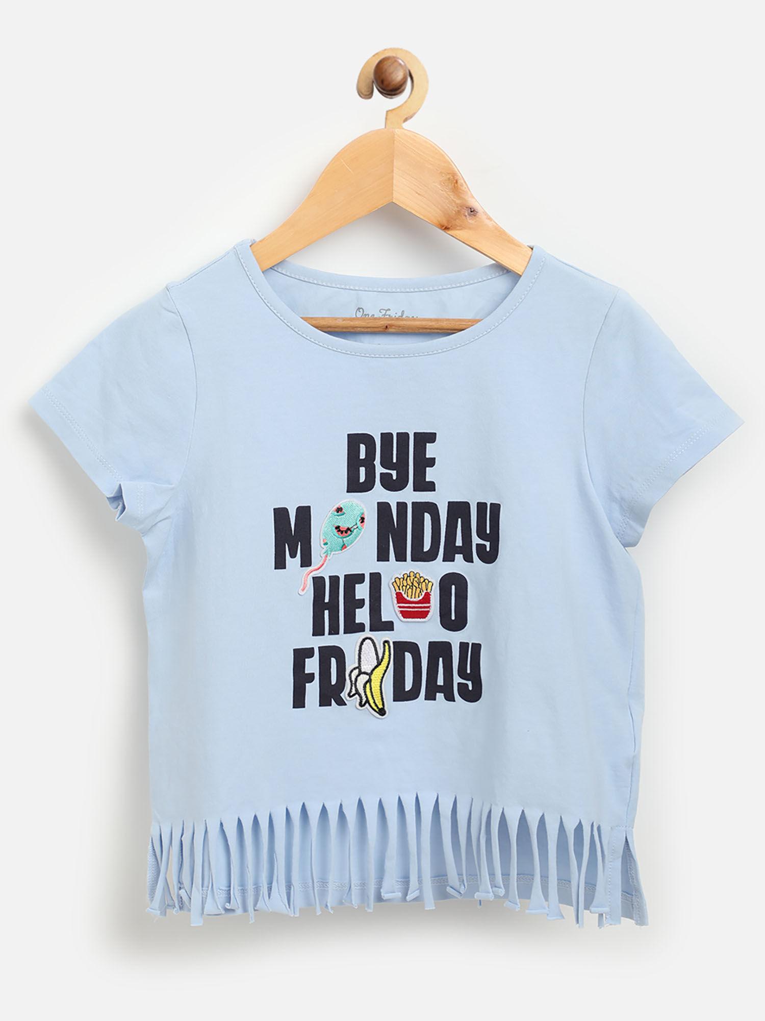 fashion casual girls cotton printed light blue tops