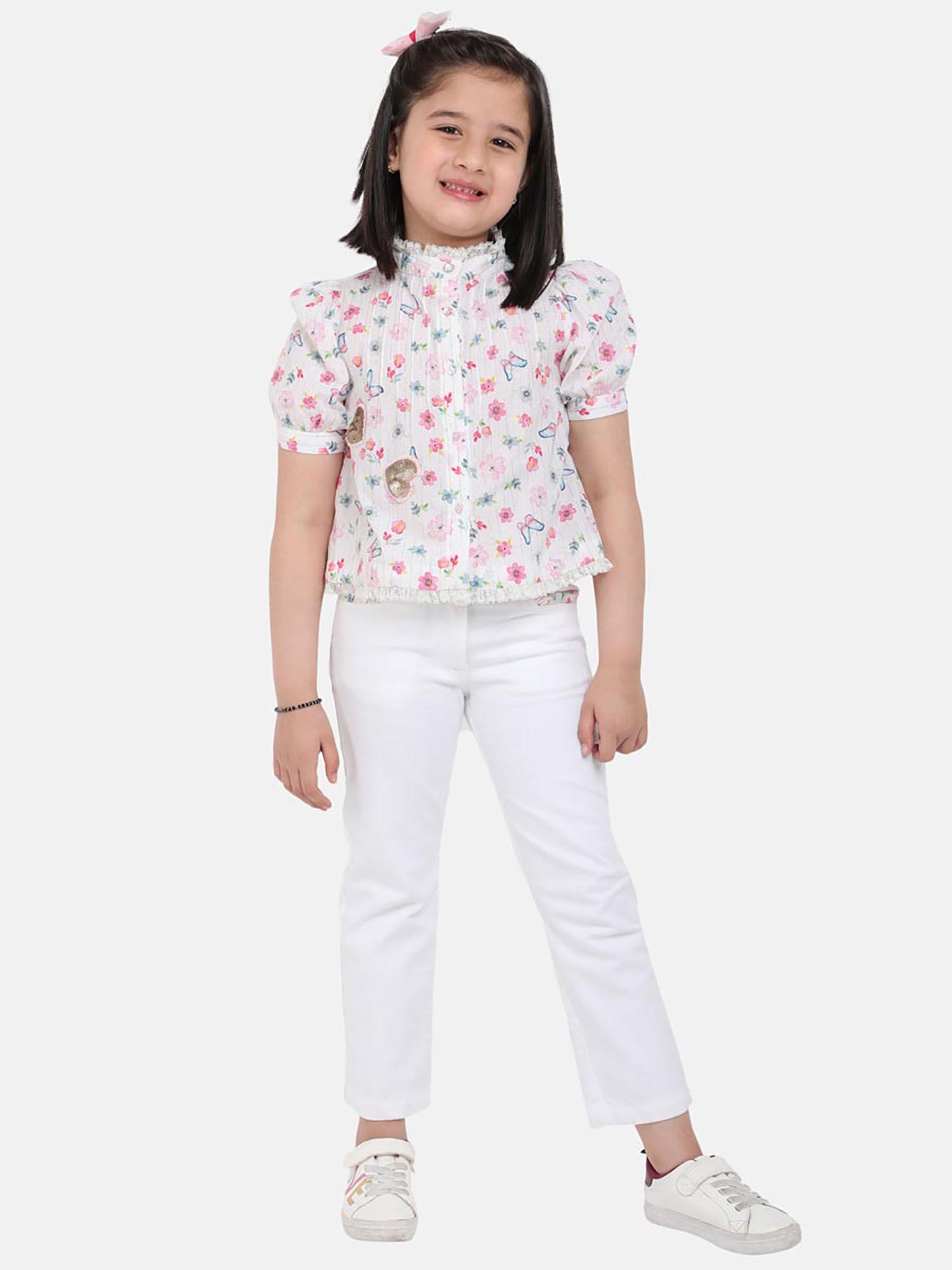 fashion casual girls cotton printed white tops