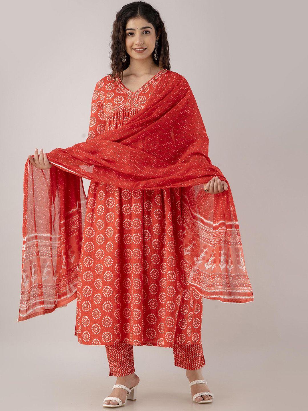 fashion depth ethnic motifs printed bead work pure cotton kurta with trousers & dupatta