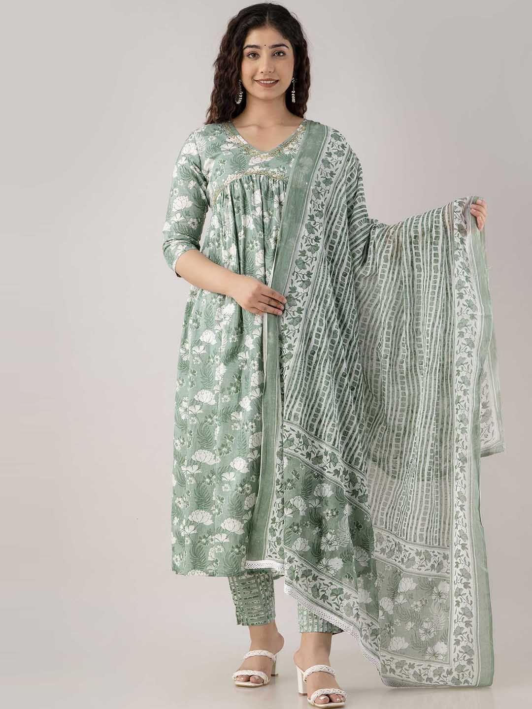 fashion depth floral printed mirror work pure cotton kurta with trousers & with dupatta