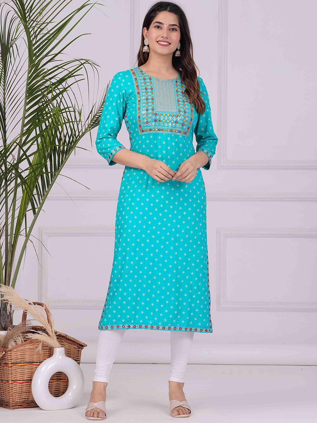 fashion depth floral printed mirror work straight kurta