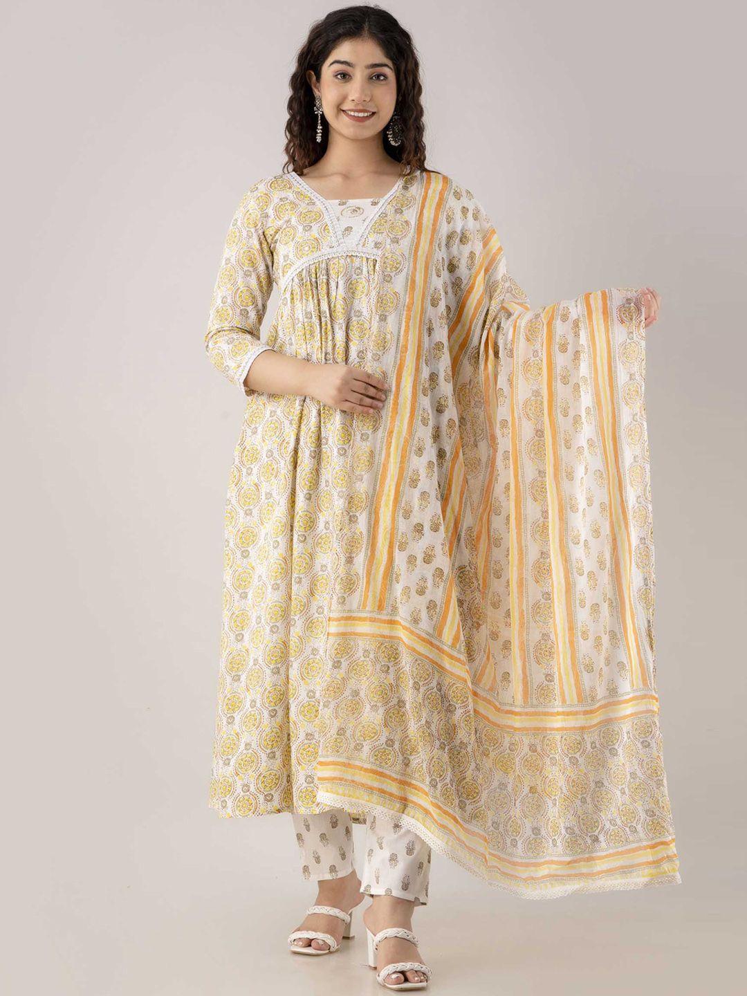 fashion depth floral printed pure cotton kurta with trousers & with dupatta
