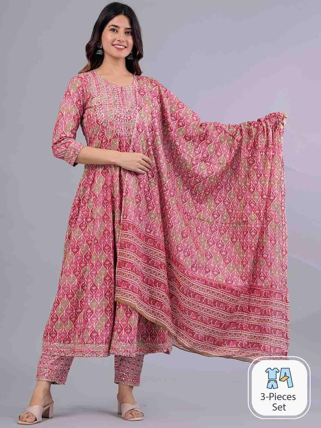 fashion depth floral printed thread work cotton anarkali kurta with trousers & dupatta