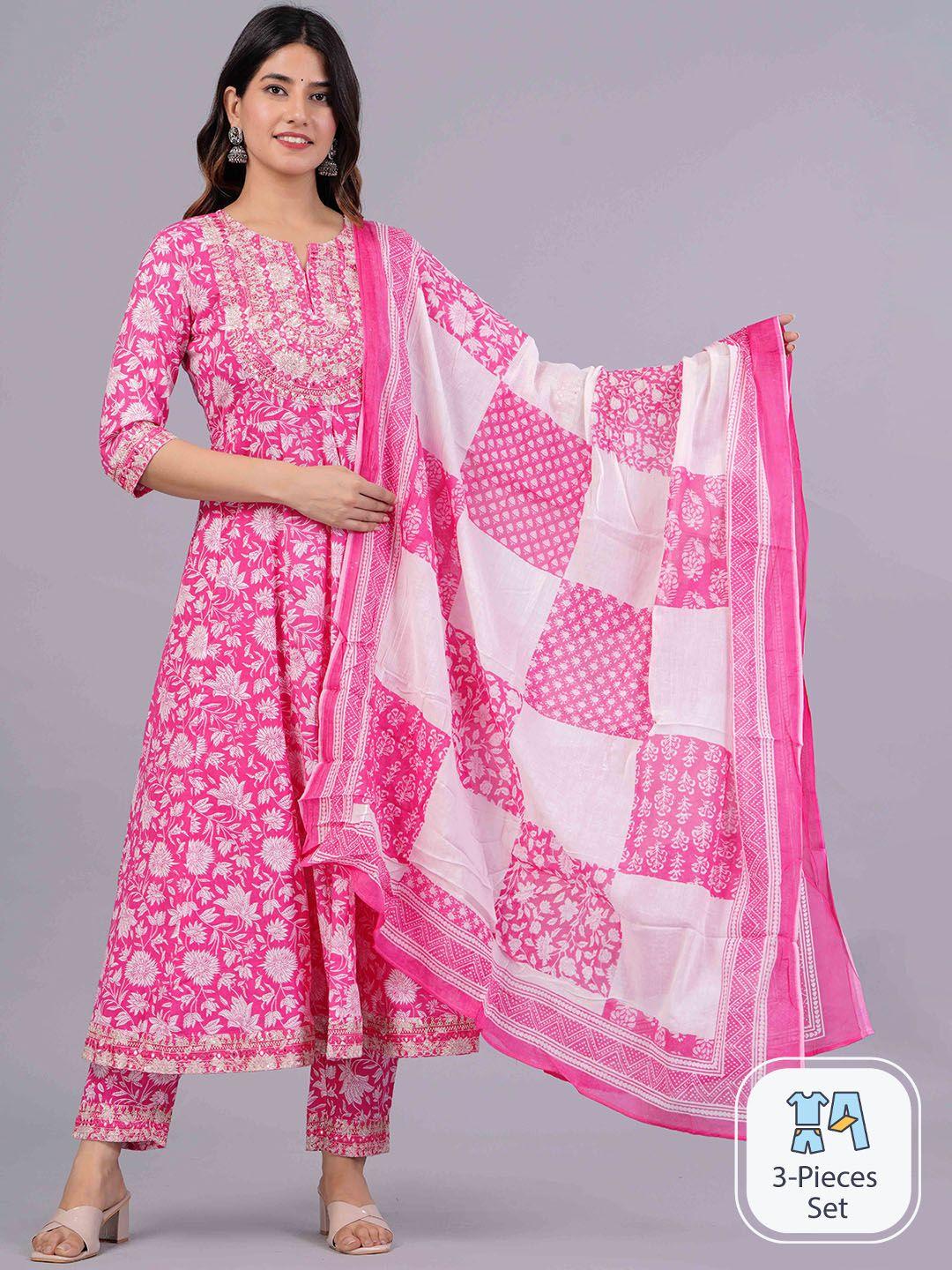 fashion depth floral printed thread work cotton anarkali kurta with trousers & dupatta