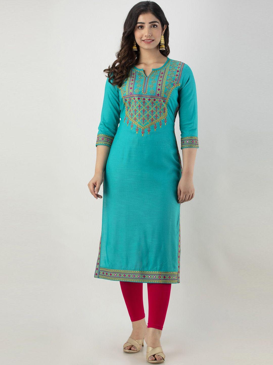 fashion depth notched neck ethnic motifs embroidered mirror work kurta