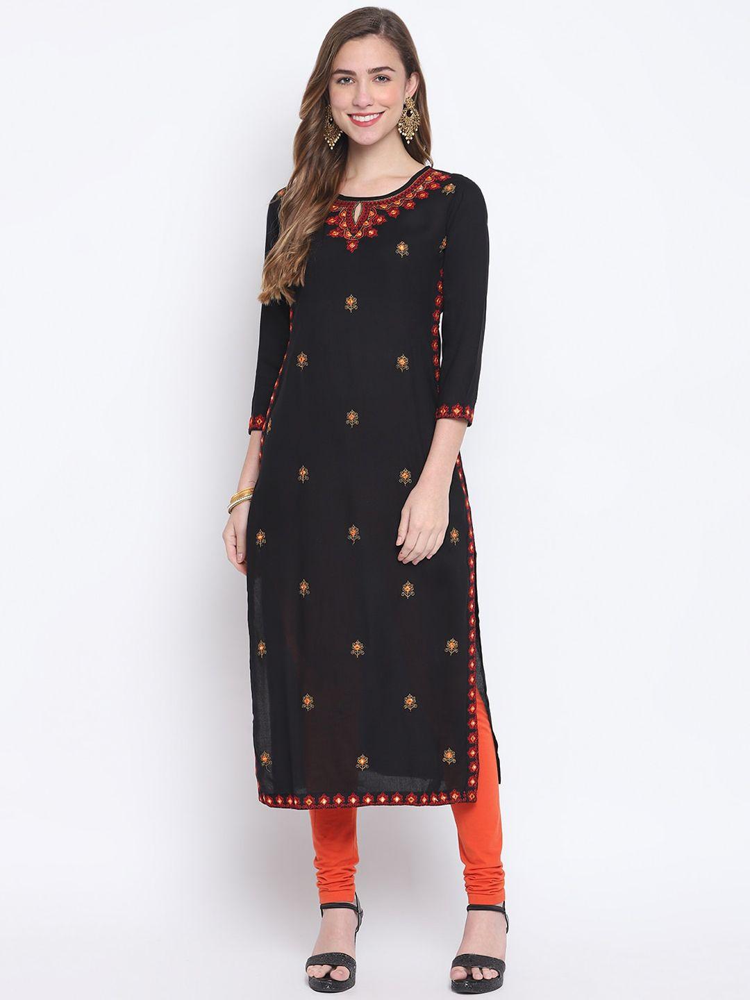 fashion depth women black ethnic motifs embroidered keyhole neck thread work kurta