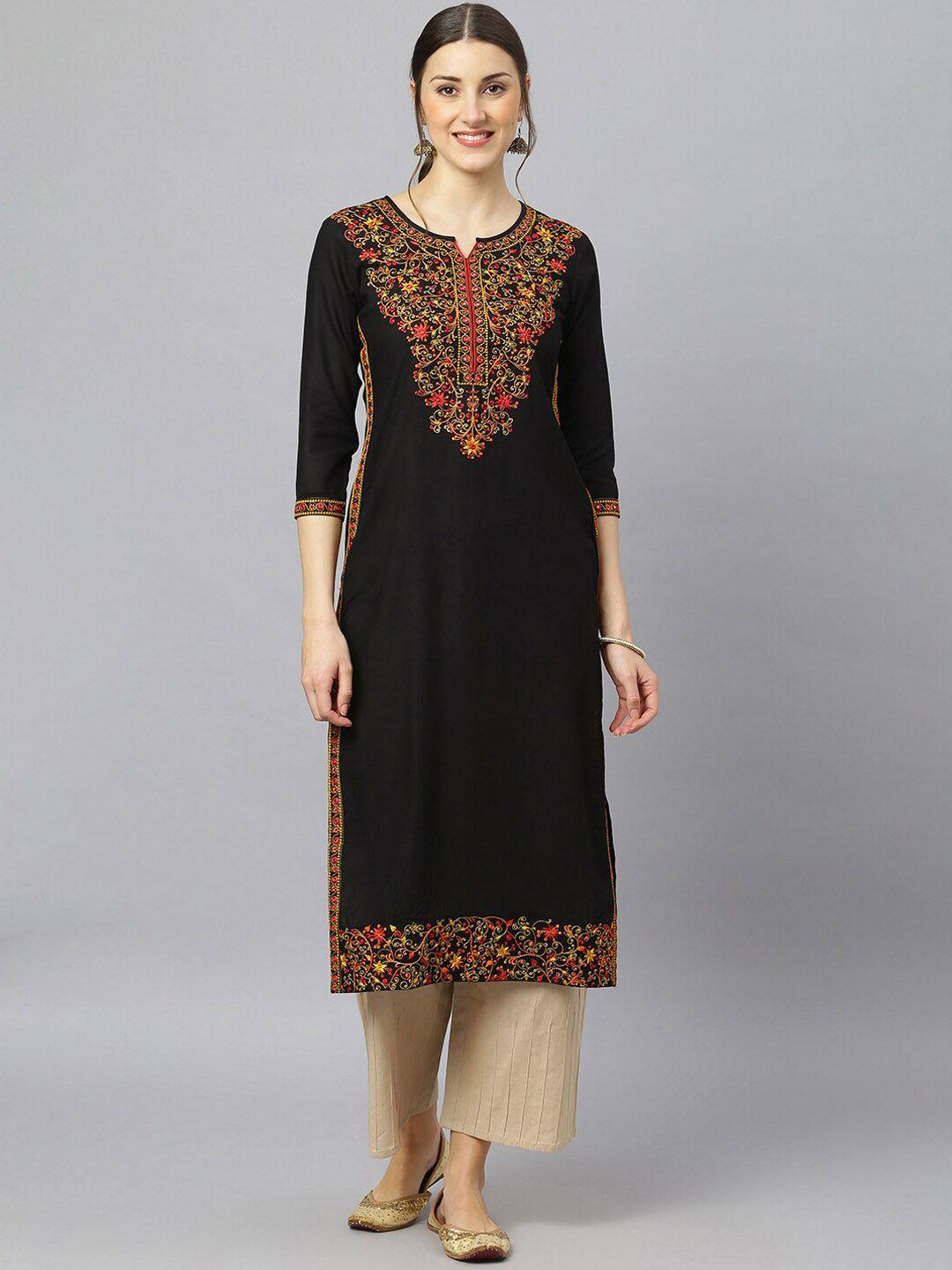 fashion depth women black ethnic motifs embroidered kurta