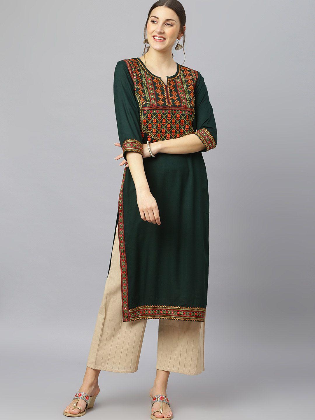 fashion depth women green ethnic motifs embroidered thread work kurta