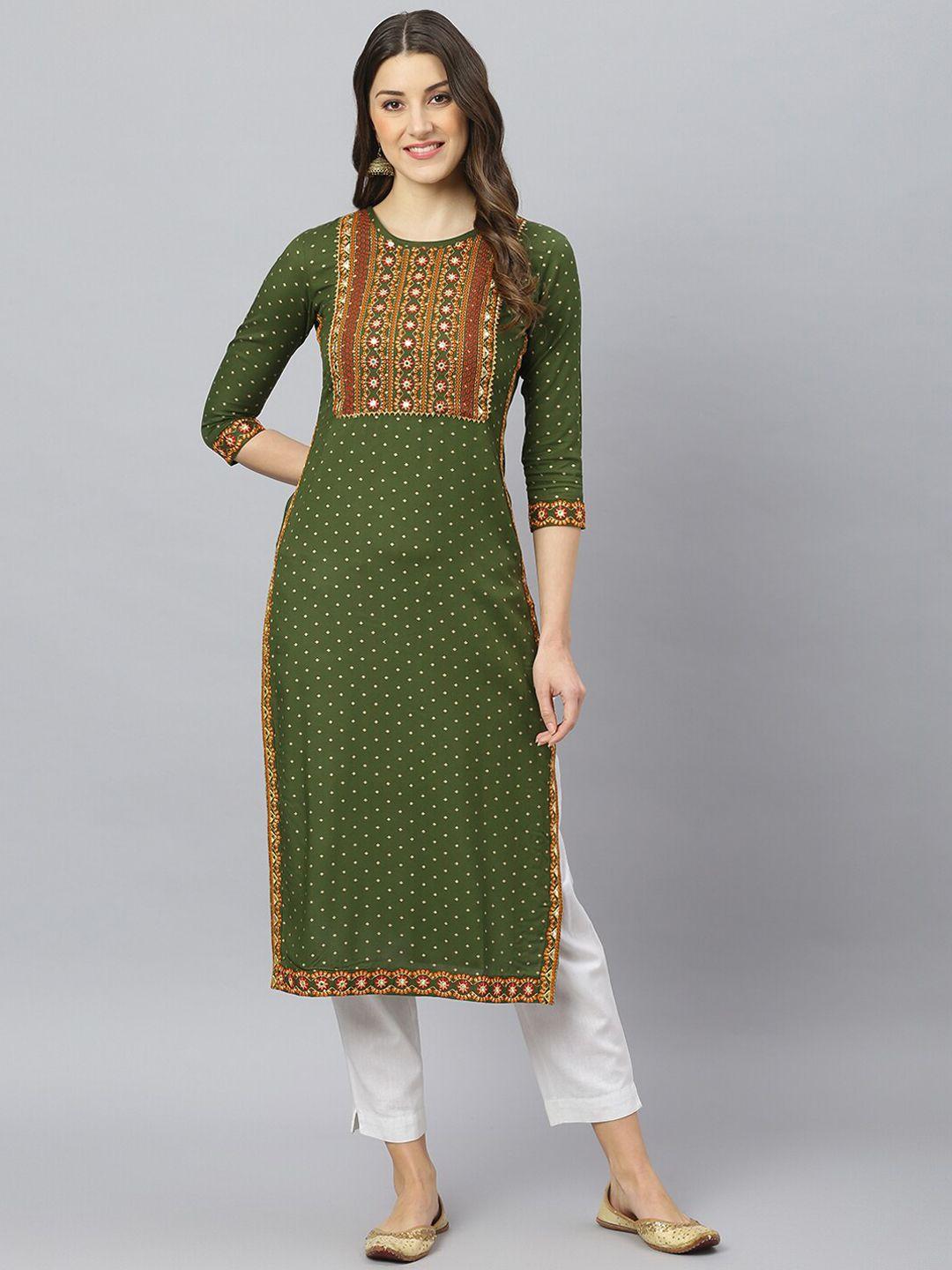 fashion depth women green ethnic motifs yoke design mirror work kurta