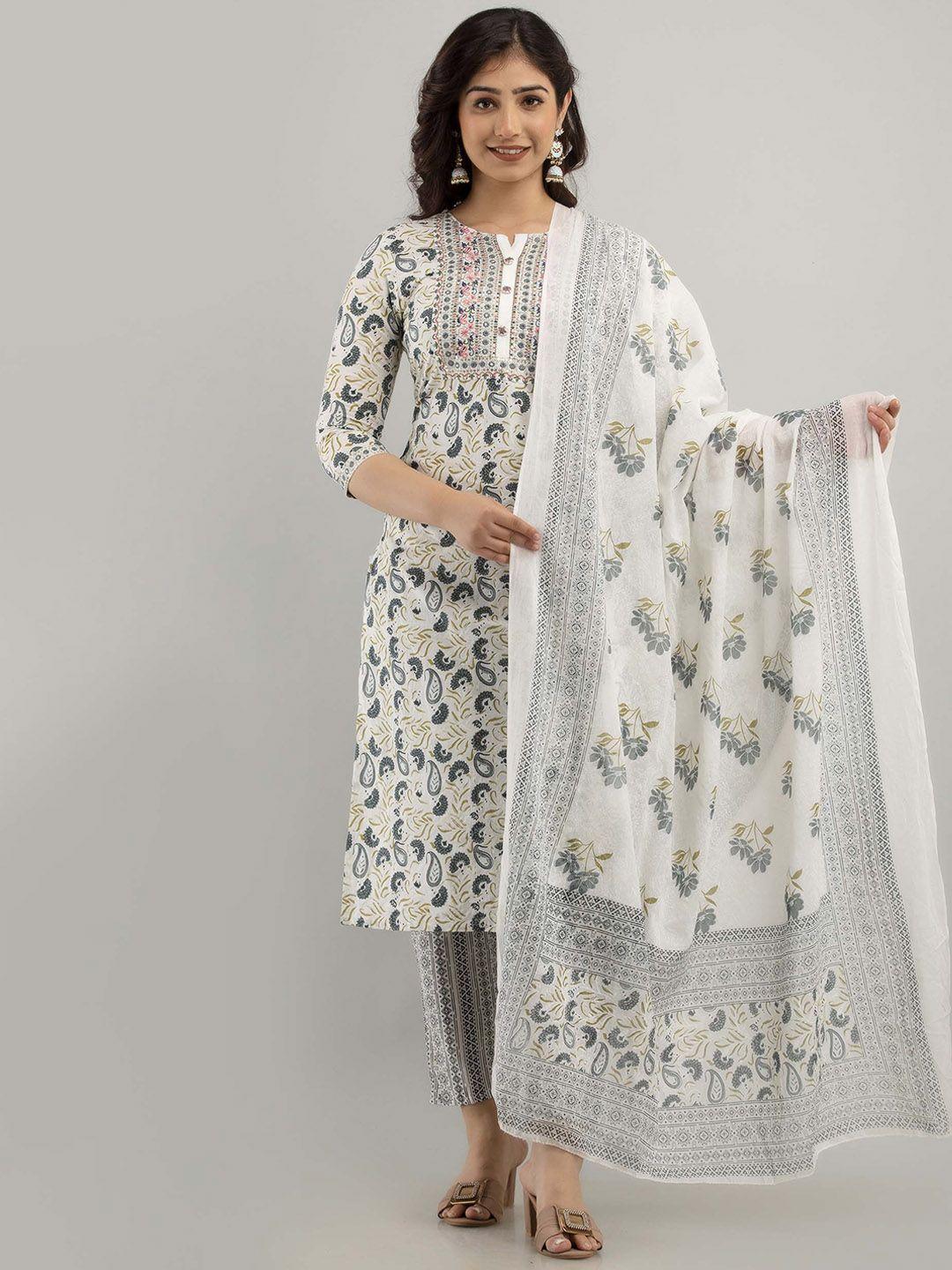 fashion depth women grey ethnic motifs printed regular mirror work pure cotton kurta with trousers & with