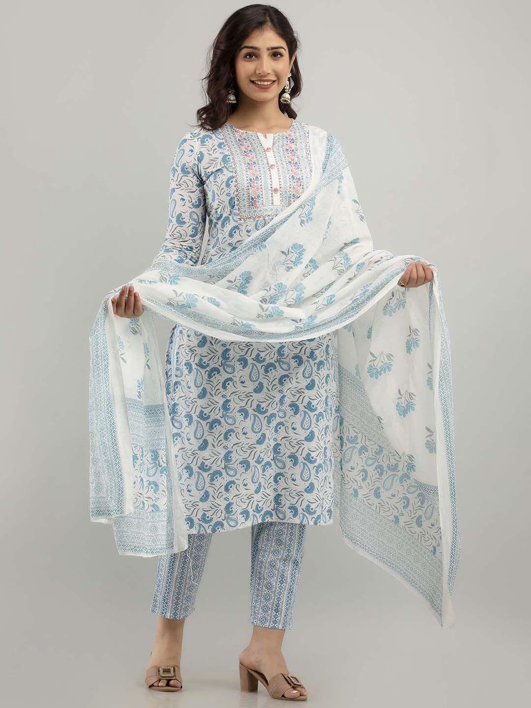 fashion depth women off white ethnic motifs embroidered regular thread work pure cotton kurta with trousers