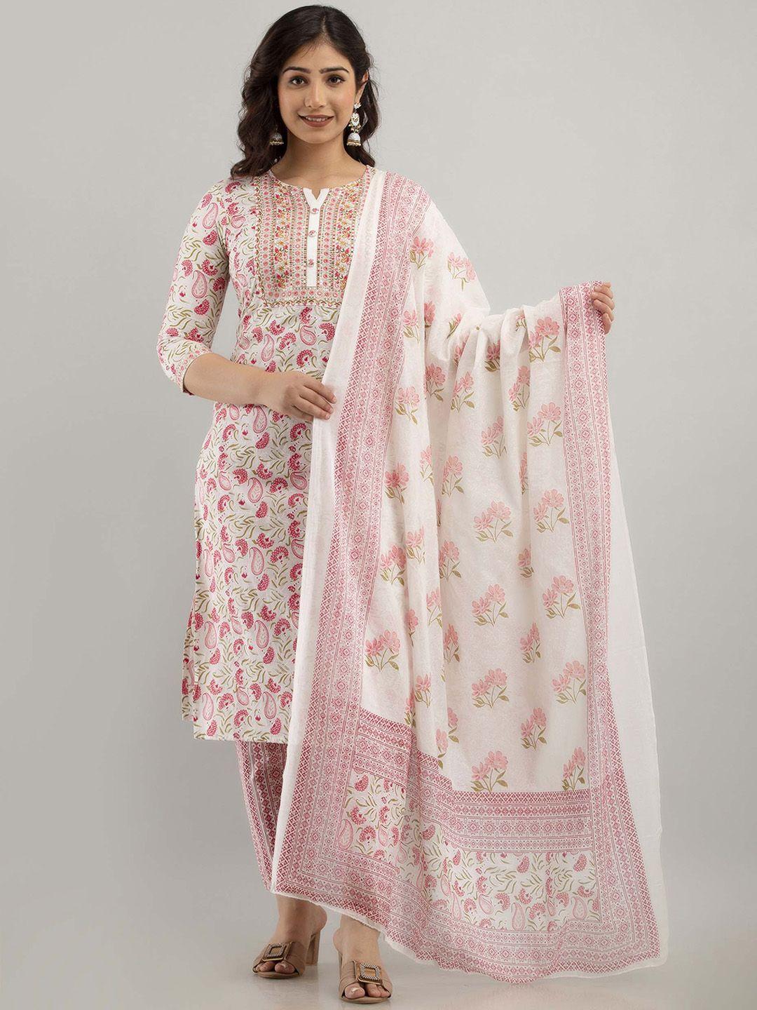 fashion depth women pink ethnic motifs printed regular mirror work pure cotton kurta with trousers & with