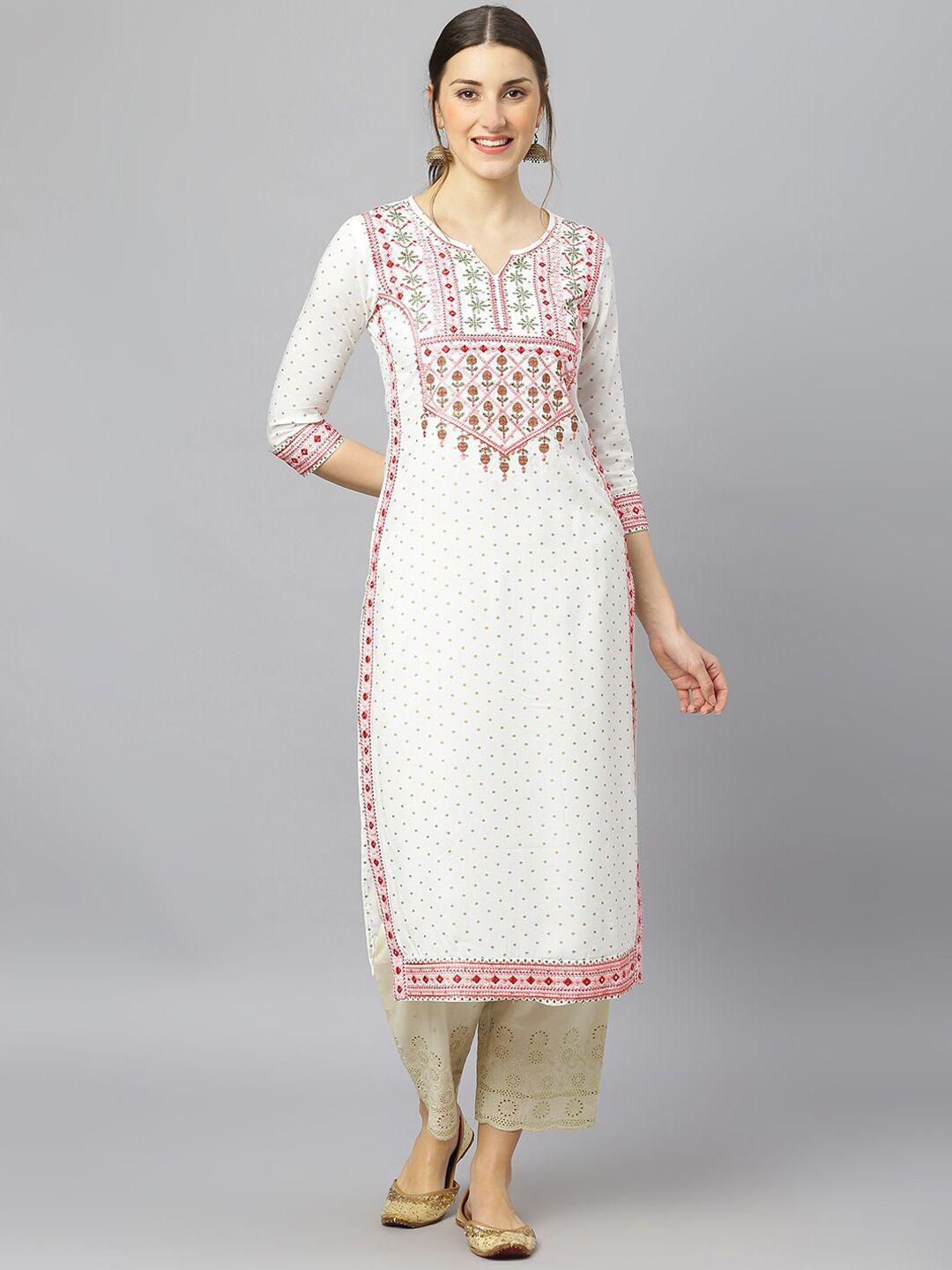 fashion depth women white & red ethnic motifs embroidered mirror work kurta