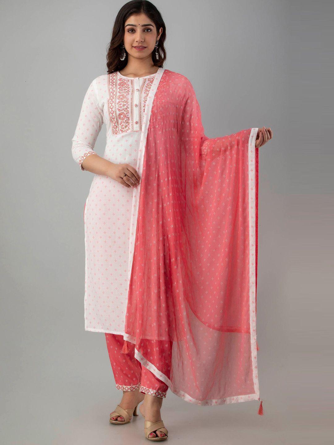 fashion depth women white ethnic motifs printed thread work kurta with trousers & with dupatta
