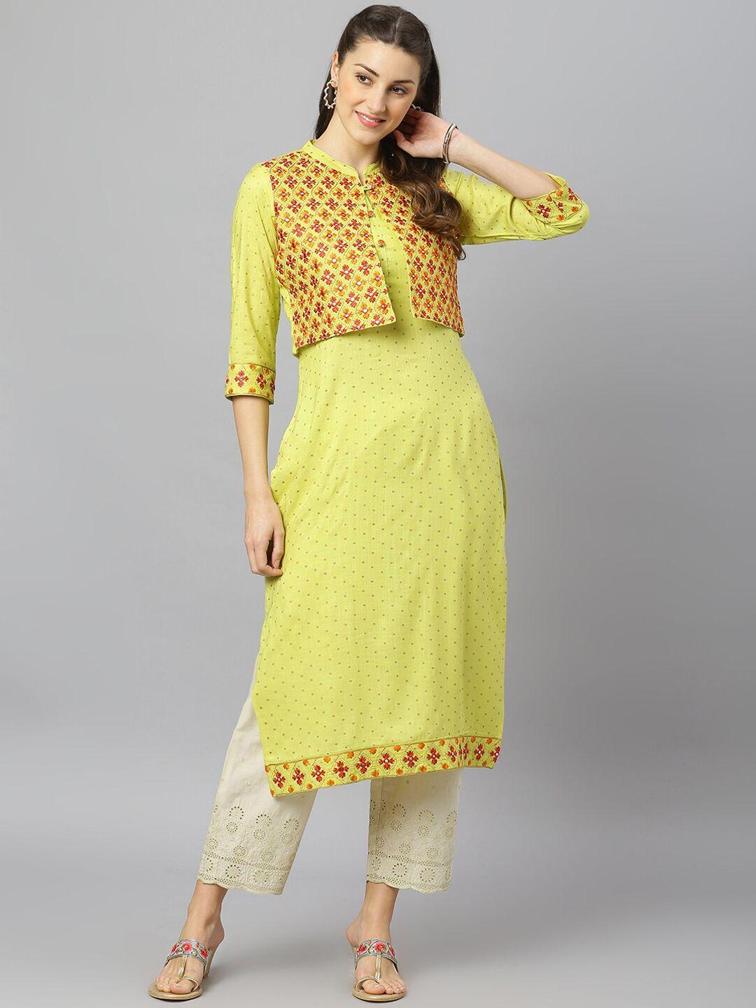 fashion depth women yellow ethnic motifs embroidered kurta with jacket