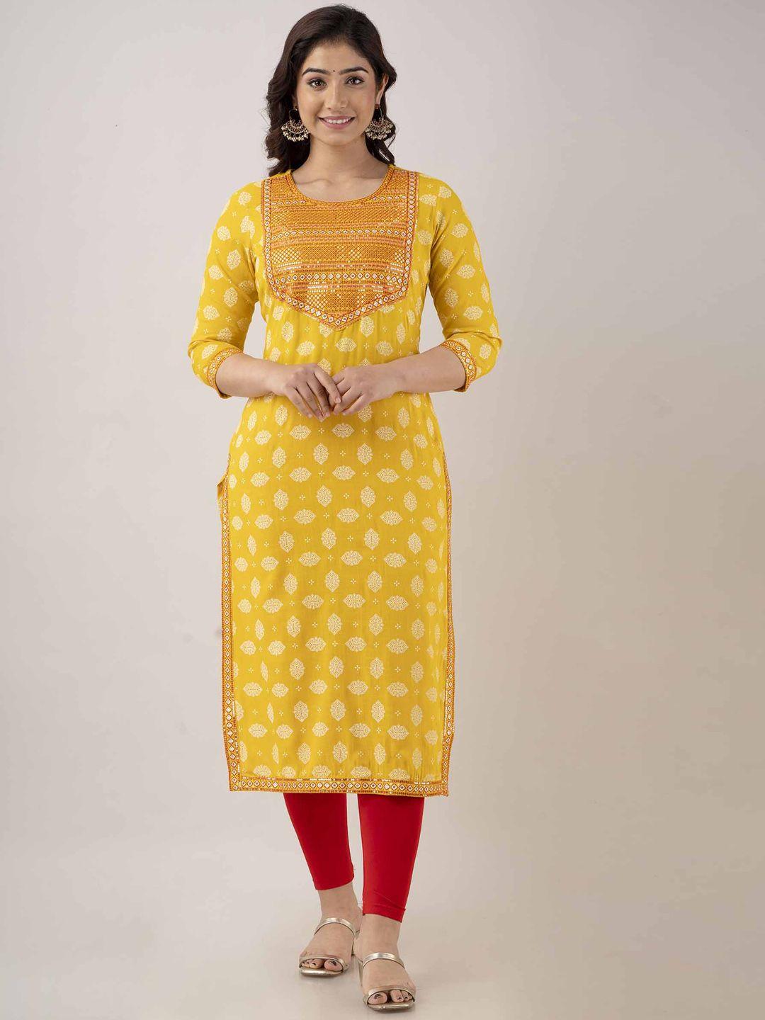 fashion depth women yellow geometric sequinned kurta